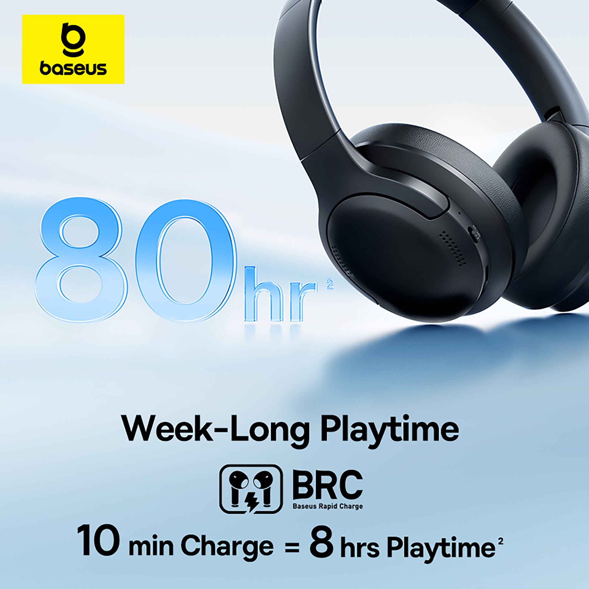 Black headphones with 80-hour playtime feature on a light blue background, featuring Baseus logo.
