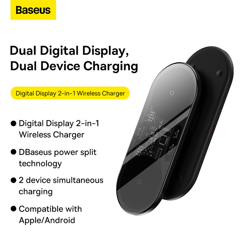 Baseus Digital LED Display 2in1 Wireless Charger 20W Black Universal Version Include USB For Type C 3A 1m Black