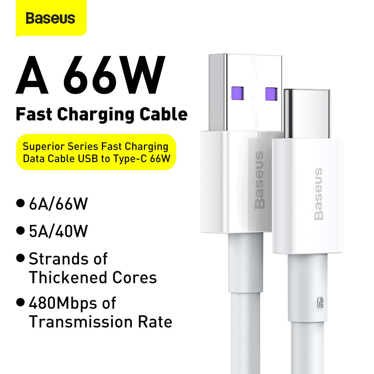 Baseus Superior Series Fast Charging and Data Cable USB to Type-C 66W 2M White