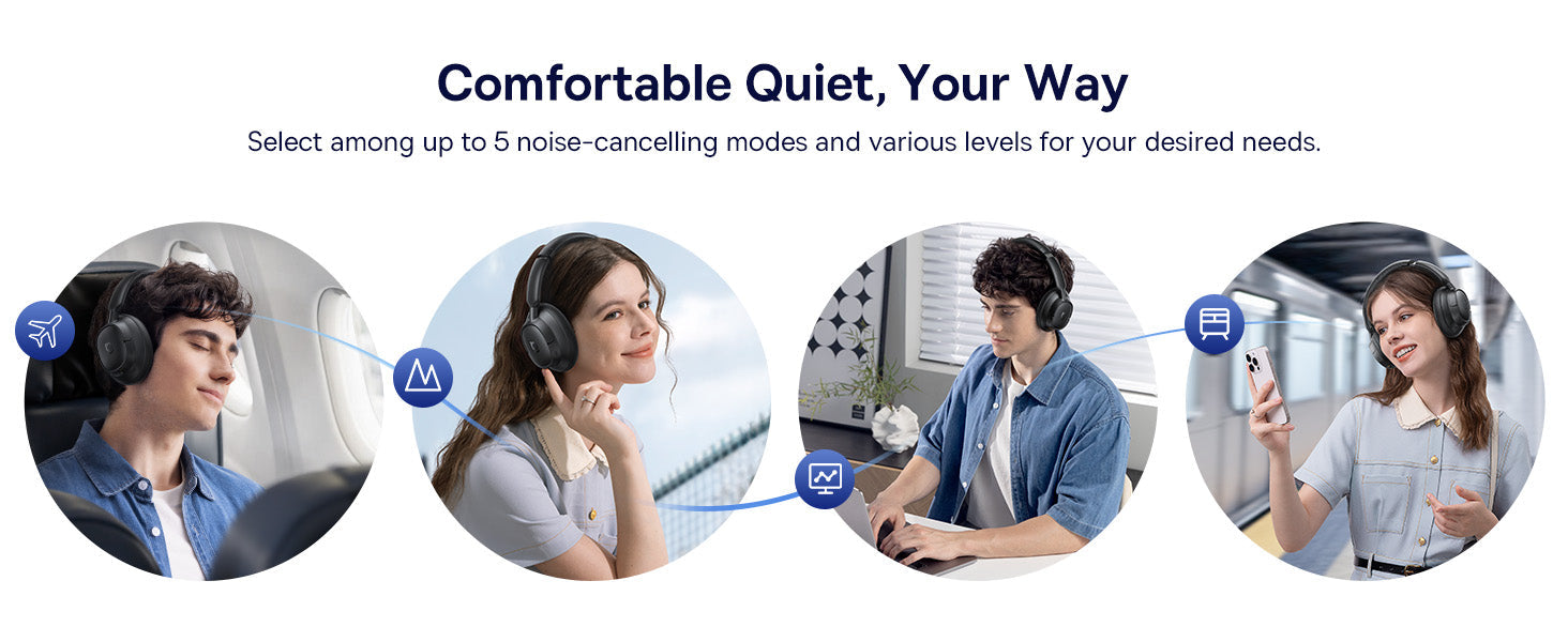 Baseus Bass BH1 NC Wireless Headphones Advertisement for noise-cancelling headphones with people using them in different settings.