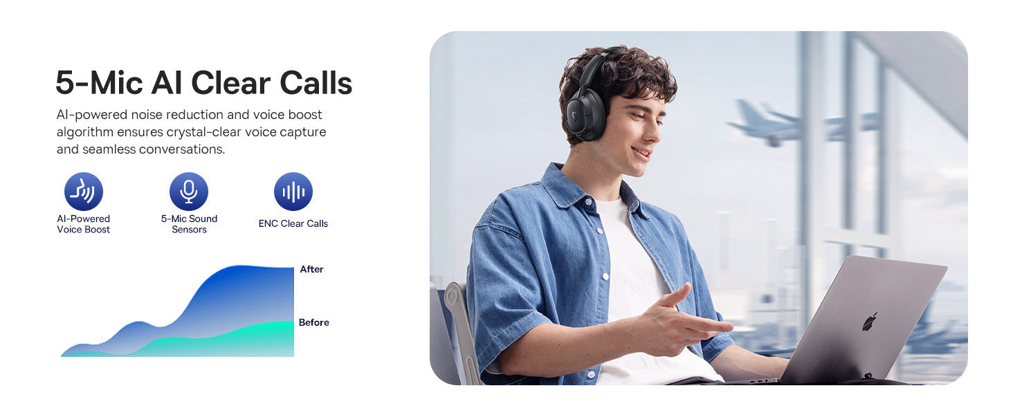 Baseus Bass BH1 NC Wireless Headphones Person wearing headphones using a laptop with 5-Mic AI Clear Calls technology displayed.