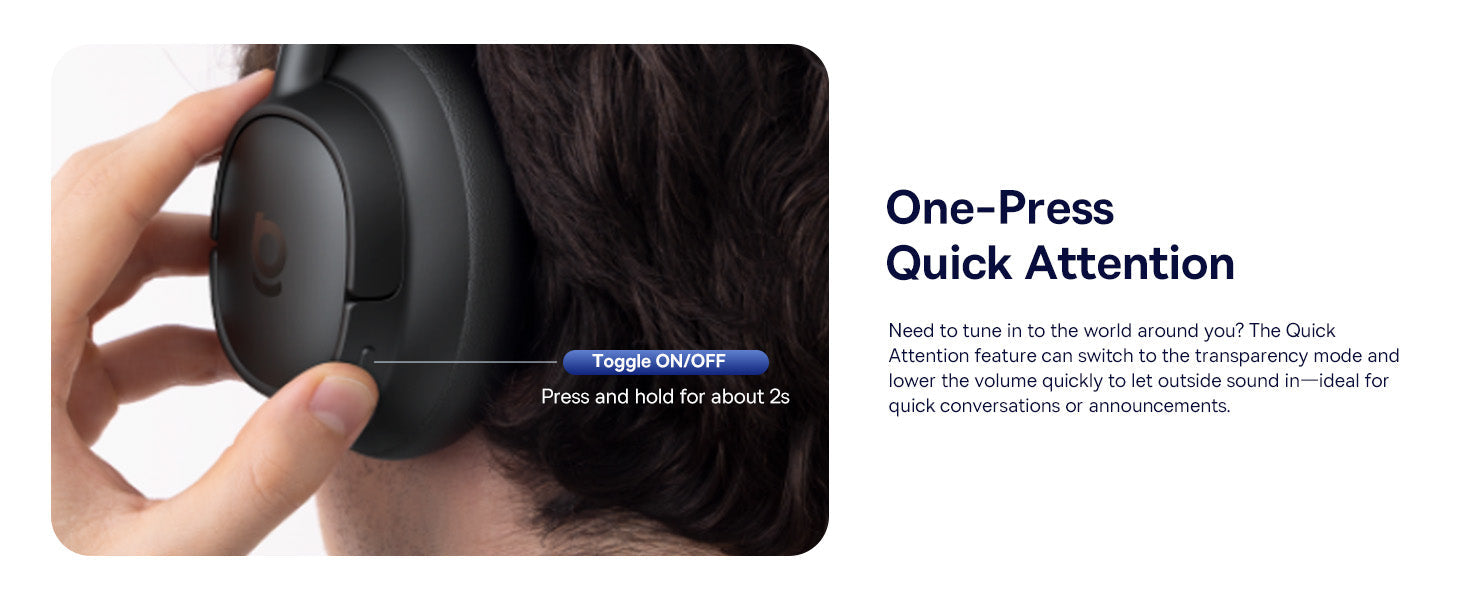 Baseus Bass BH1 NC Wireless Headphones Person wearing wireless headphones with quick attention feature text overlay