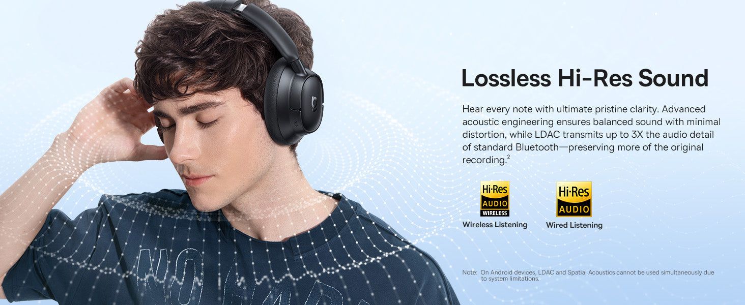 Baseus Bass BH1 NC Wireless Headphones Person wearing headphones with text about lossless high-res sound on a light blue background