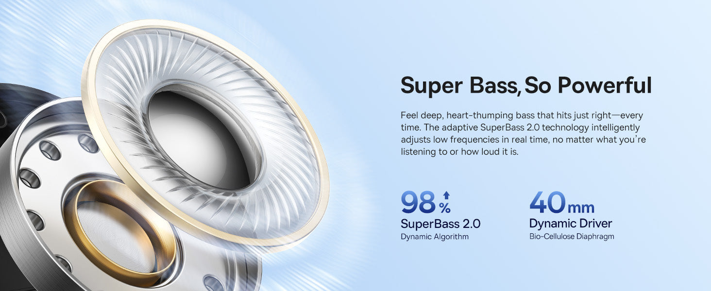 Baseus Bass BH1 NC Wireless Headphones Speaker driver with text highlighting Super Bass technology on a light blue background
