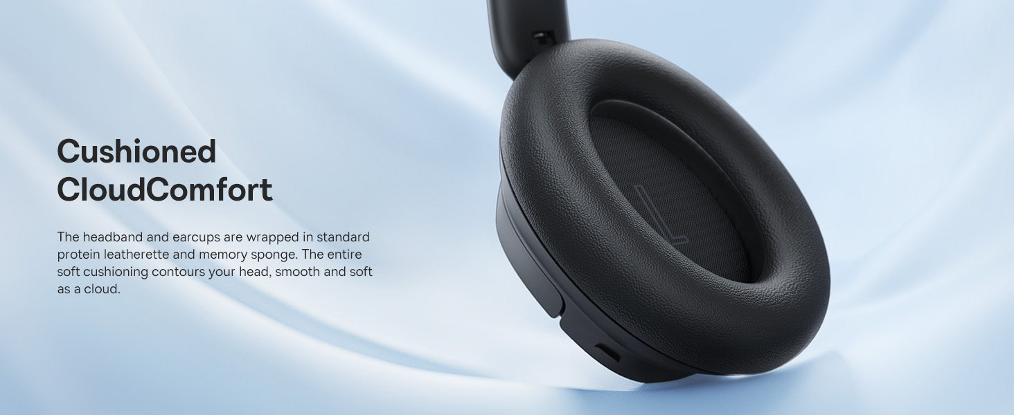 Baseus Bass BH1 NC Wireless Headphones Black headphones with cushioned cloud comfort feature on a light blue background