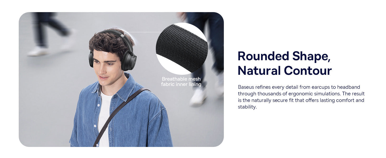 Baseus Bass BH1 NC Wireless Headphones Person wearing headphones with a focus on the rounded shape and natural contour of the product.