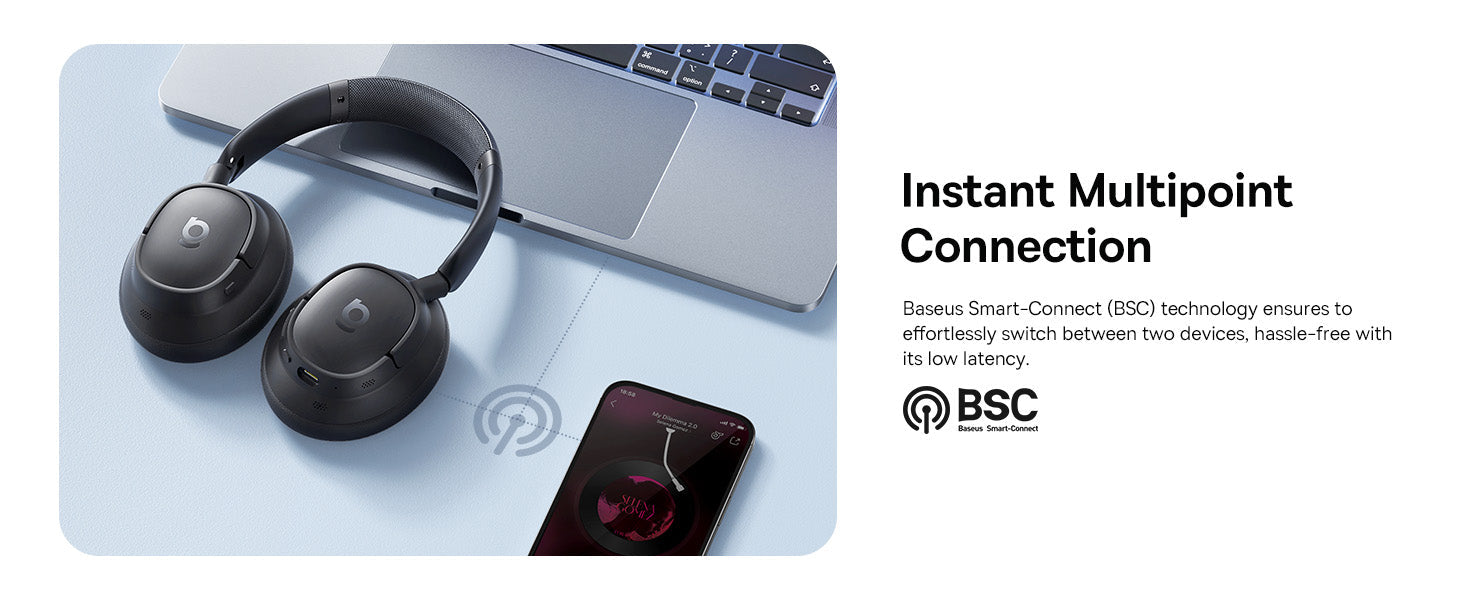 Baseus Bass BH1 NC Wireless Headphones instant multipoint connection BSC
