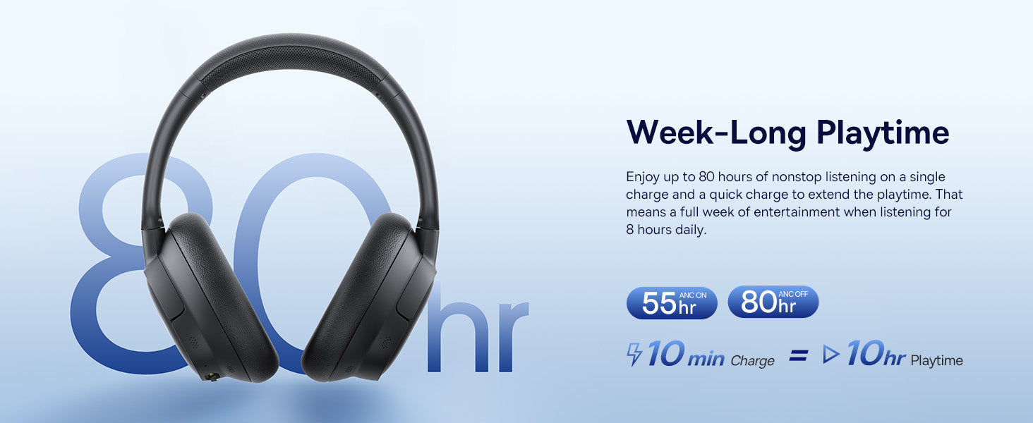 Baseus Bass BH1 NC Wireless Headphones Black headphones with charging and playtime information on a blue gradient background