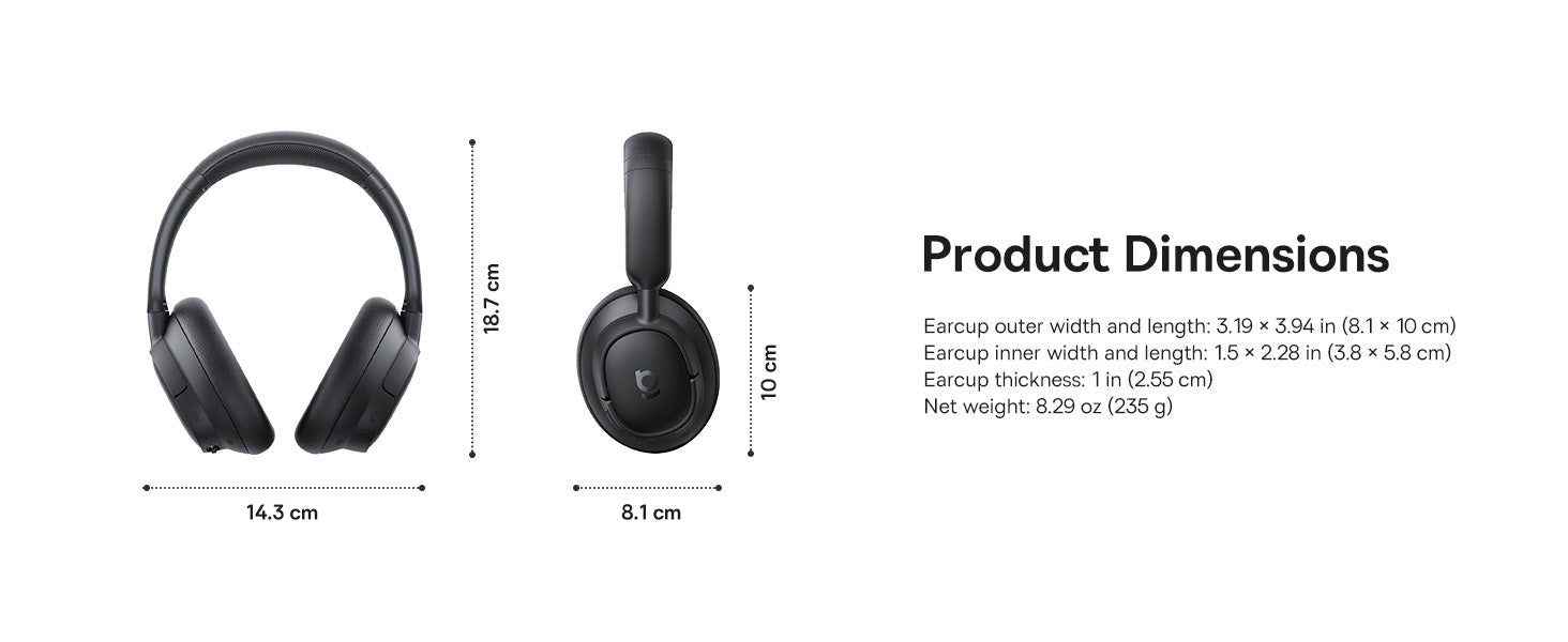 Baseus_Bass_BH1_NC_Wireless_Noise_Cancelling_Headphones_06_2 Black headphones with product dimensions on a white background