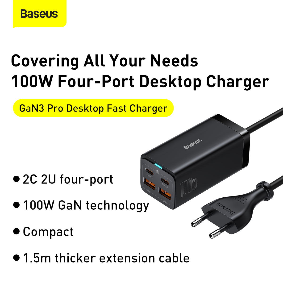 Baseus GaN3 Pro Desktop Fast Charger 2 USB-Type C + 2 USB-A 100W - EU 4