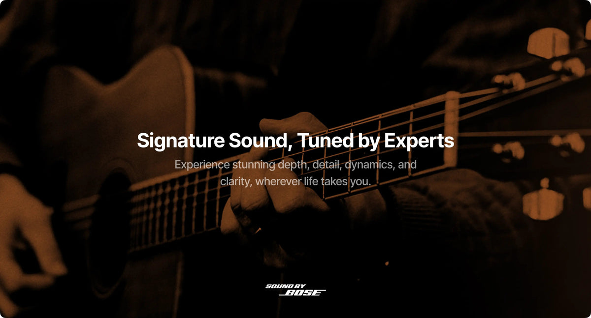 Guitar with a blurred background and text about 'Signature Sound, Tuned by Experts'.