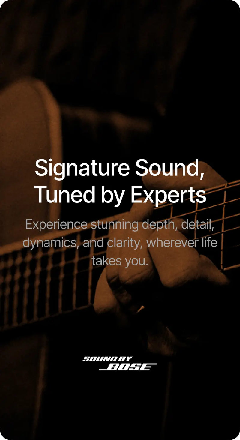 Guitar with Bose sound branding and text about signature sound and expert tuning.
