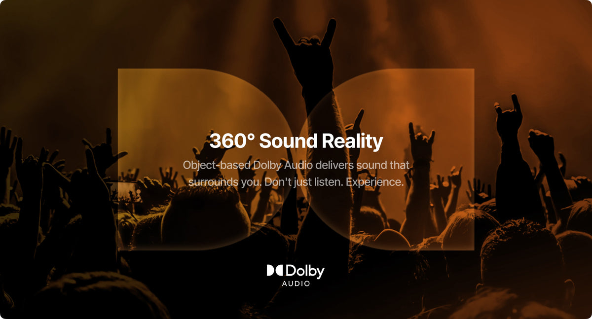 People at a concert with '360° Sound Reality' text and Dolby logo overlay.