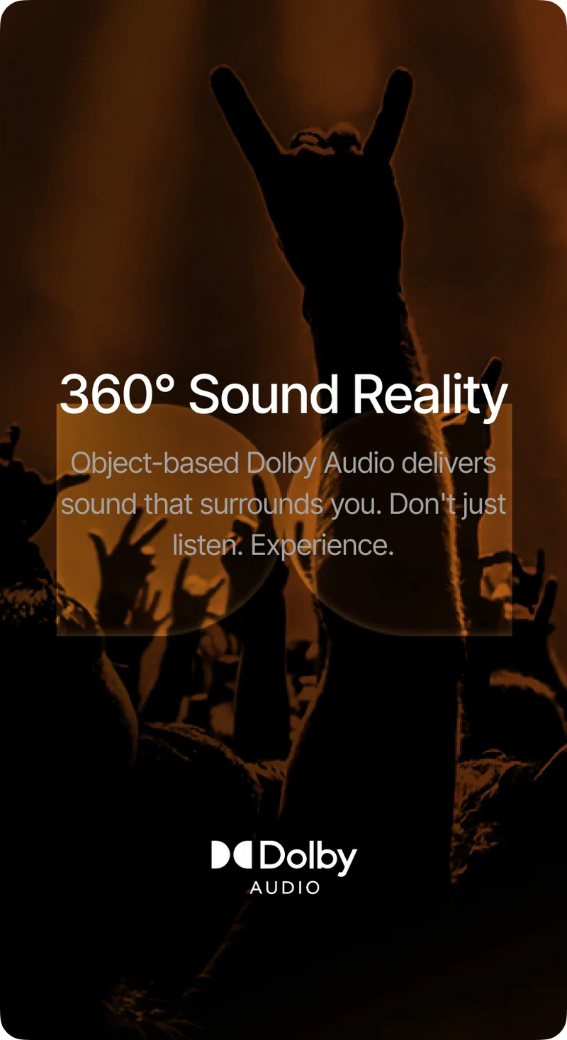 Dolby Audio advertisement with silhouettes of hands in the air against a dark background.