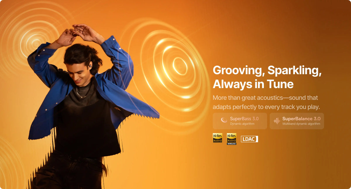Person in blue jacket with text about sound quality on an orange background