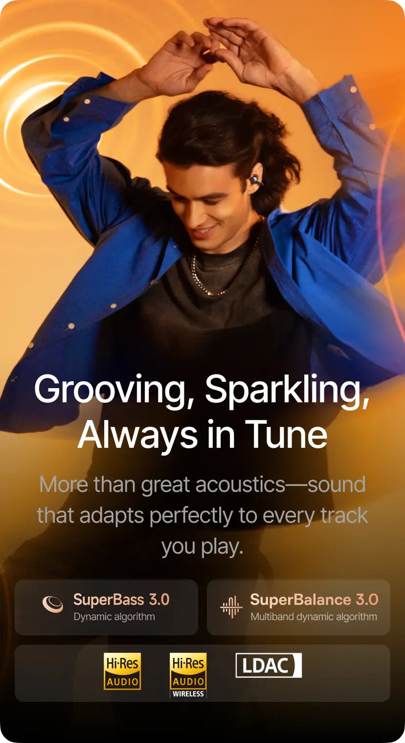 Person wearing a blue jacket with text about audio technology on an orange background