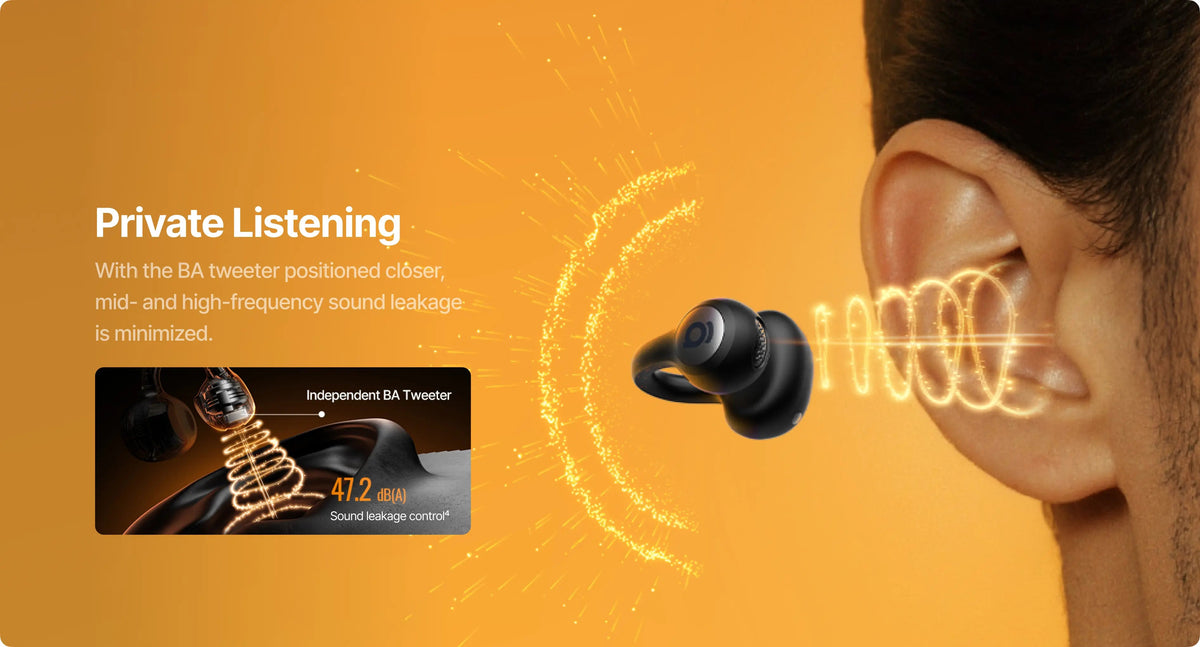 True wireless earbuds with BA tweeter technology on an orange background