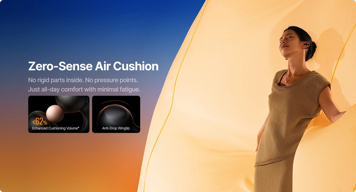Woman standing next to a Zero-Sense Air Cushion with product features highlighted.