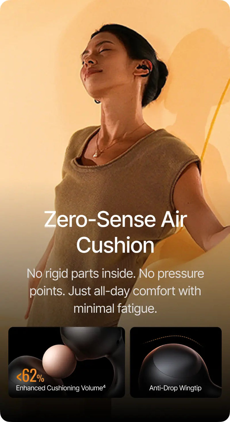 Woman wearing a beige top with text about Zero-Sense Air Cushion comfort features on a warm-toned background.