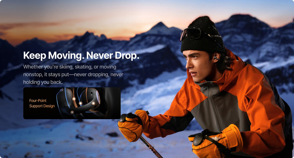 Person in winter gear with mountainous background and product text overlay