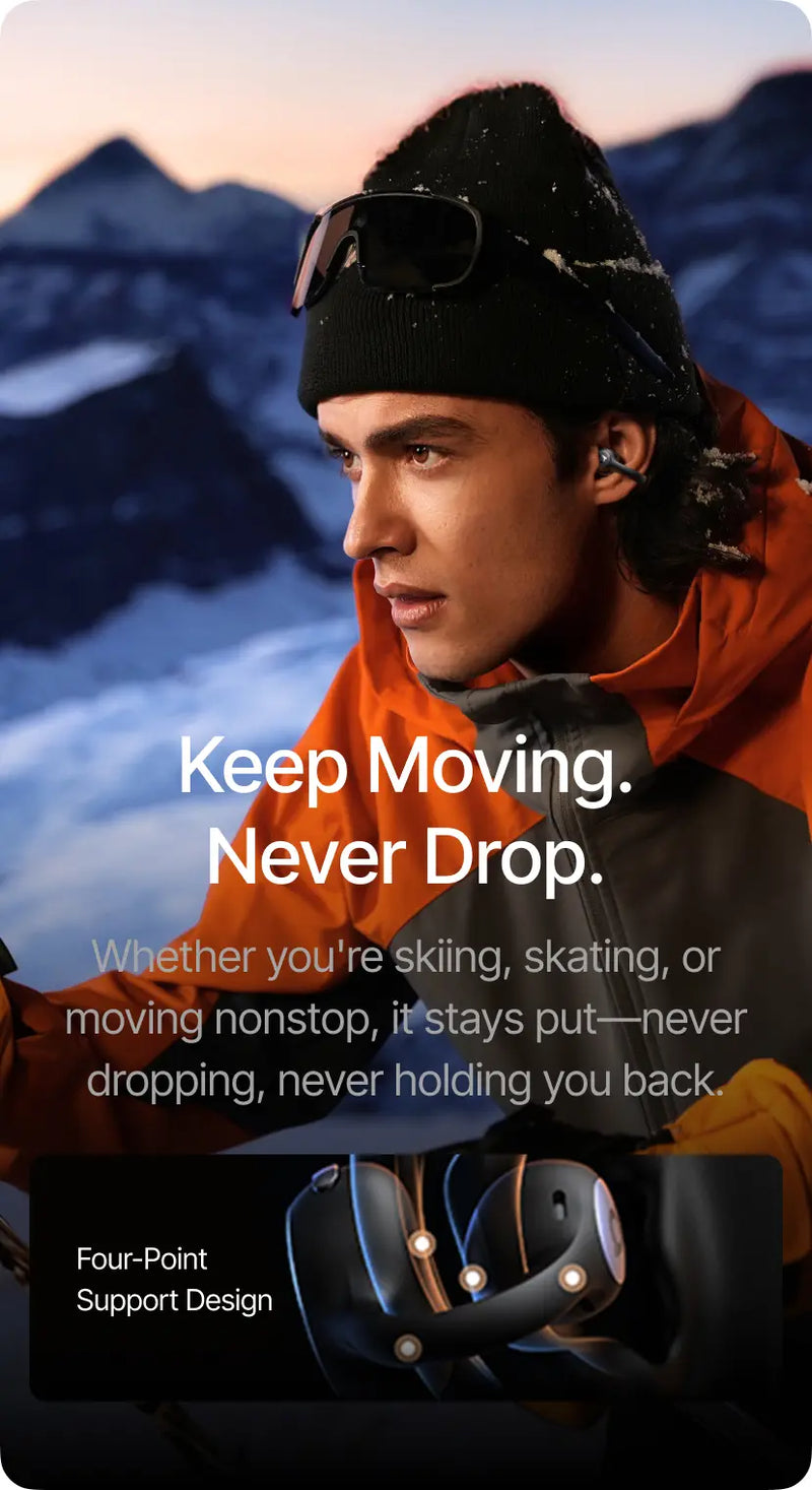 Person skiing with text 'Keep Moving. Never Drop.' and mountain background