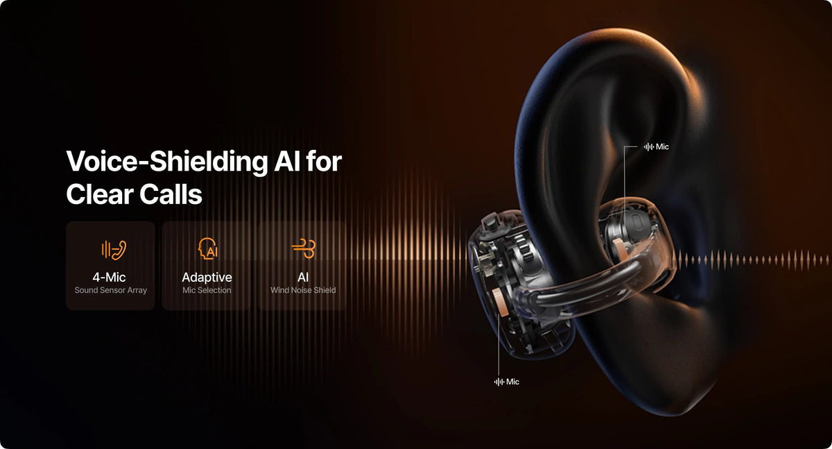 In-ear device with voice-shielding AI technology on a dark background