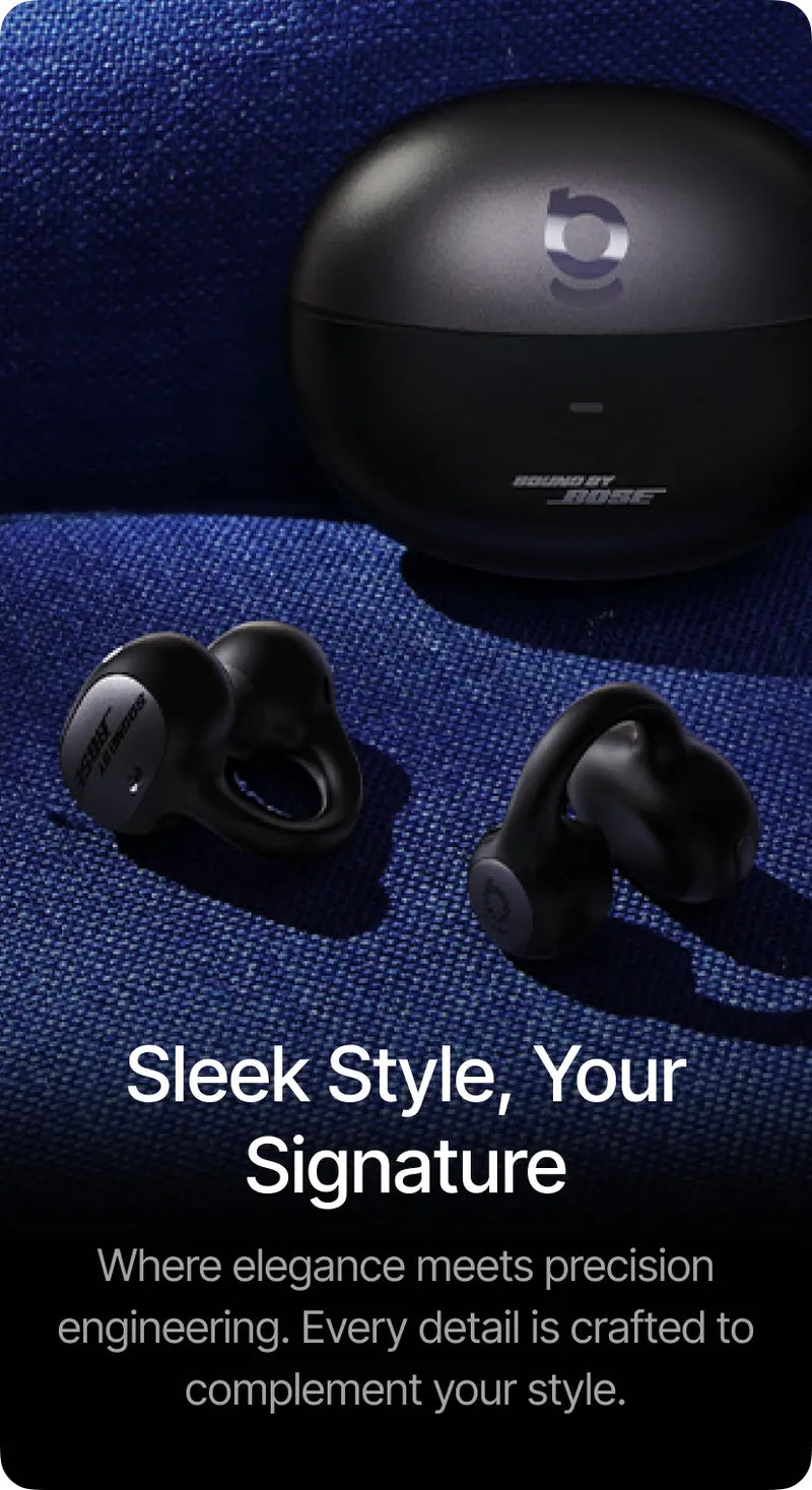 Bose wireless earbuds on a blue textured background with Bose logo.