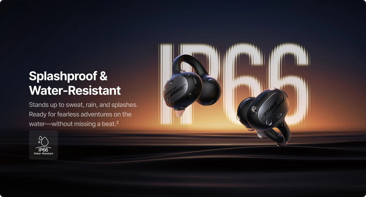 Pair of black wireless earbuds with 'IP66' splashproof and water-resistant feature on a dark background.