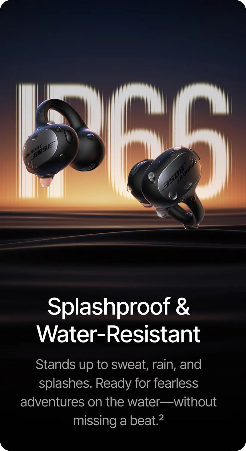 Pair of black wireless earbuds with 'IP66' text on a dark background