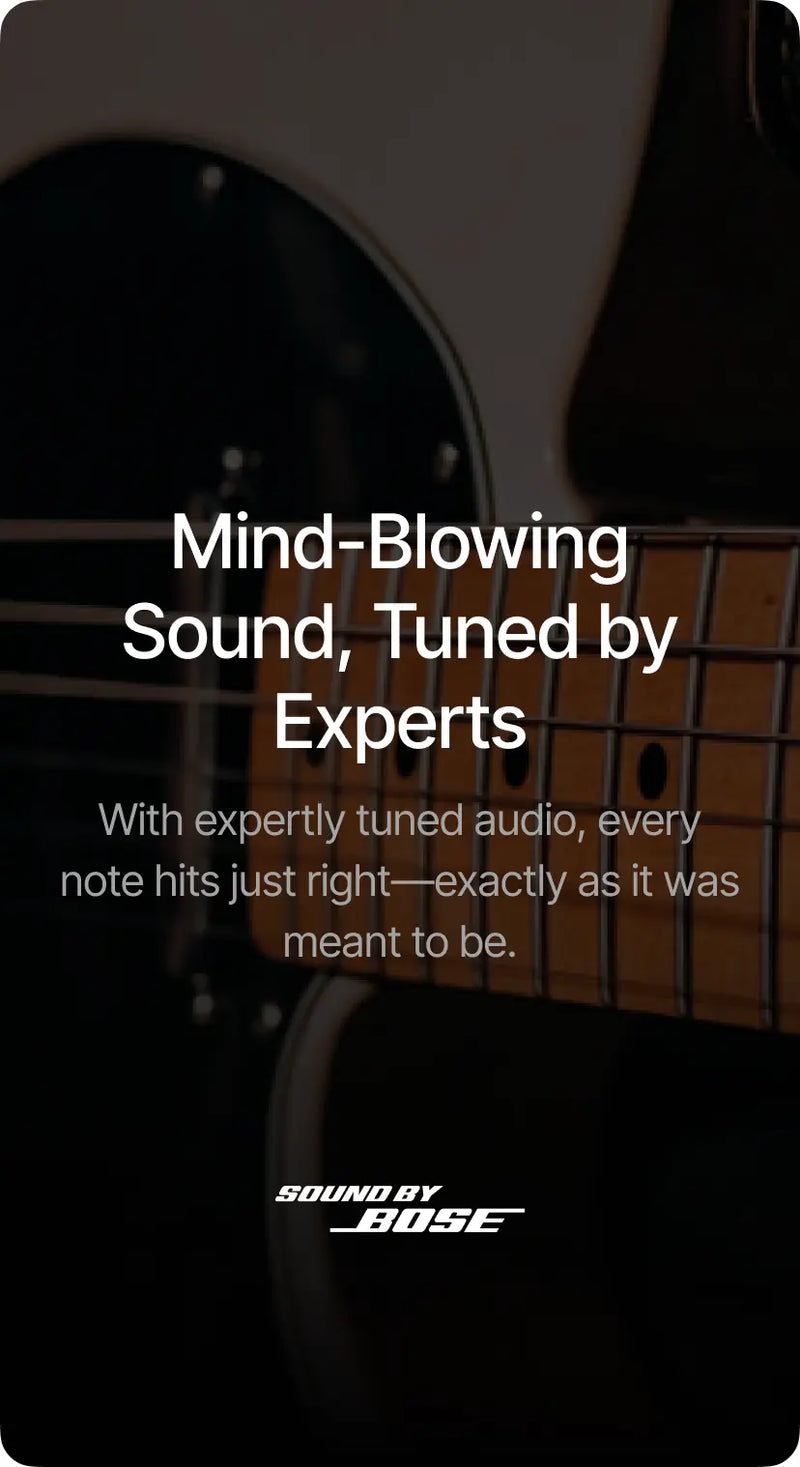Guitar with Bose audio equipment, text about expertly tuned sound, and Bose logo.