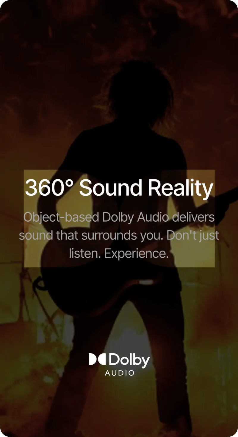 Person holding a smartphone with '360° Sound Reality' text and Dolby Audio logo.