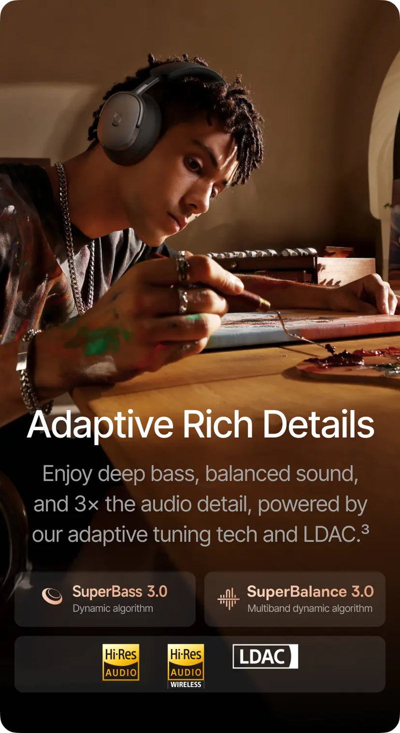 Person wearing headphones with text about audio features on a dark background