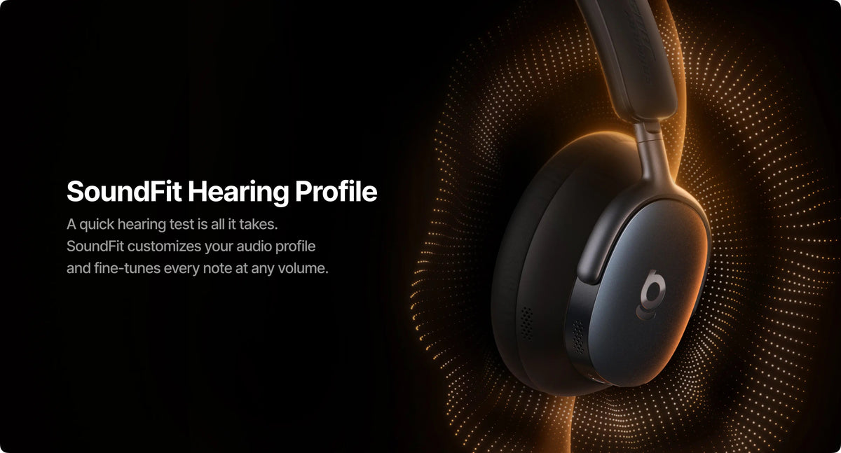 Headphones with SoundFit Hearing Profile text on a dark background
