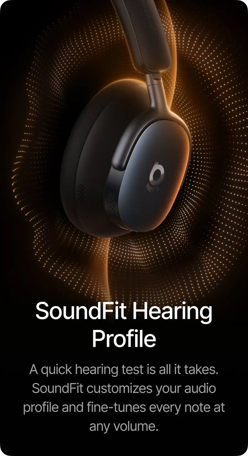 Black headphones with glowing details on a dark background, featuring text about SoundFit hearing profile.