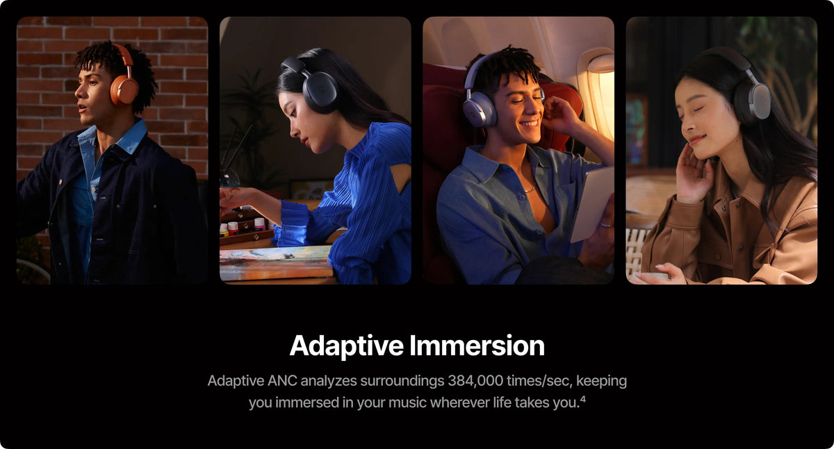 Four people wearing headphones in different settings with text 'Adaptive Immersion' and description.