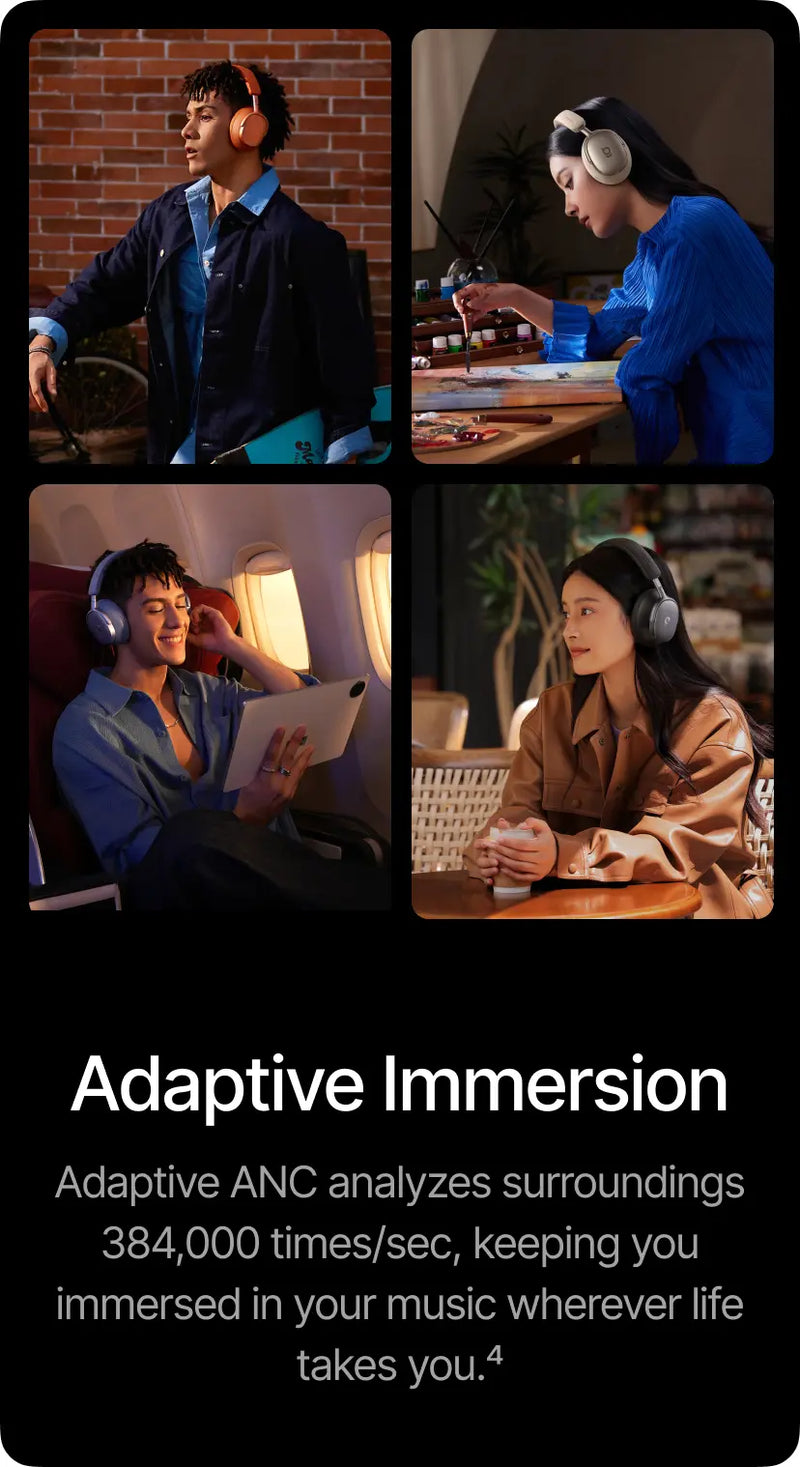 Collage of people wearing headphones in various settings with text about Adaptive ANC technology.