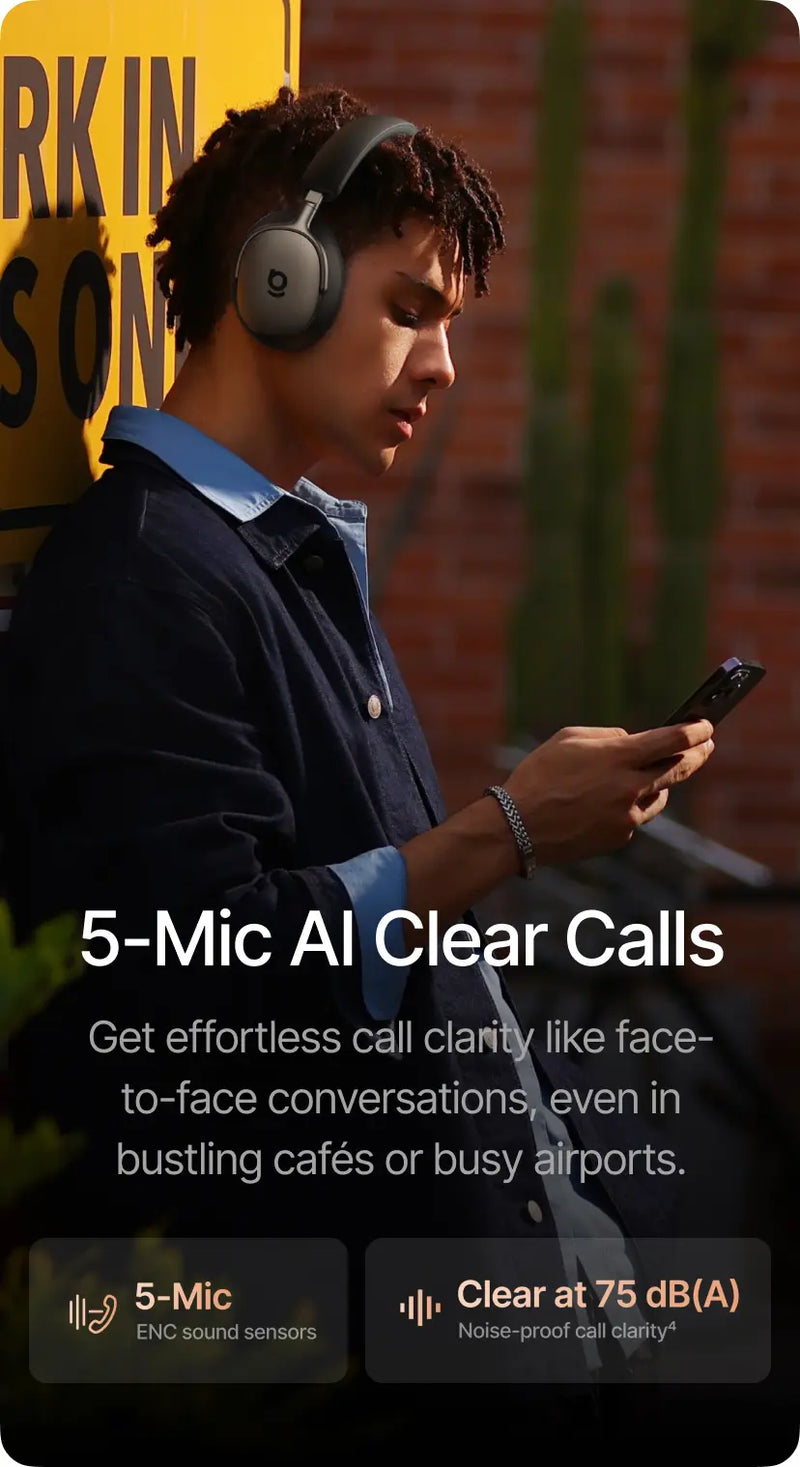 Person wearing headphones and using a phone with text about 5-Mic AI Clear Calls.