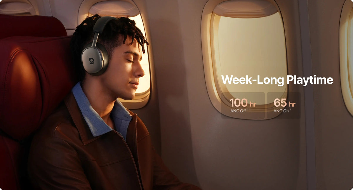 Man wearing headphones on an airplane with 'Week-Length Playtime' text displayed.