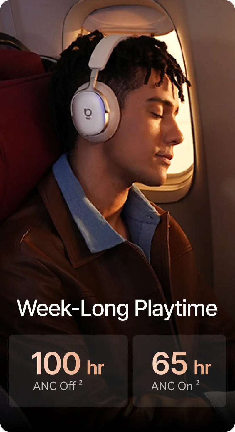 Person wearing headphones on an airplane with text about playtime duration.