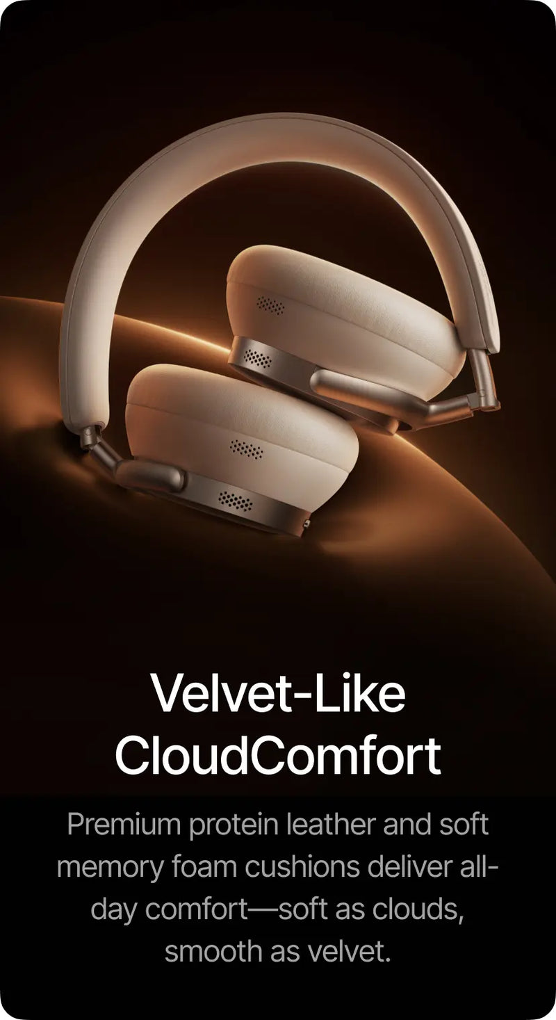 Beige headphones with 'Velvet-Like CloudComfort' text on a dark background