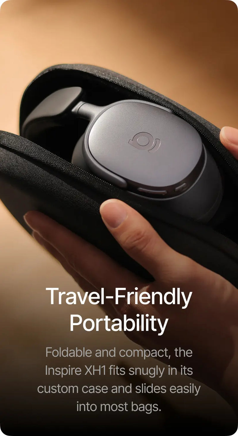 Foldable headphones in a custom case with text highlighting travel-friendly portability.
