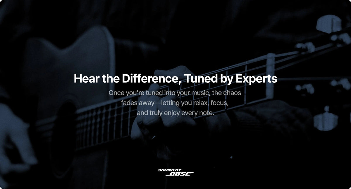 Guitarist playing a guitar with text overlay 'Hear the Difference, Tuned by Experts' and brand logo.