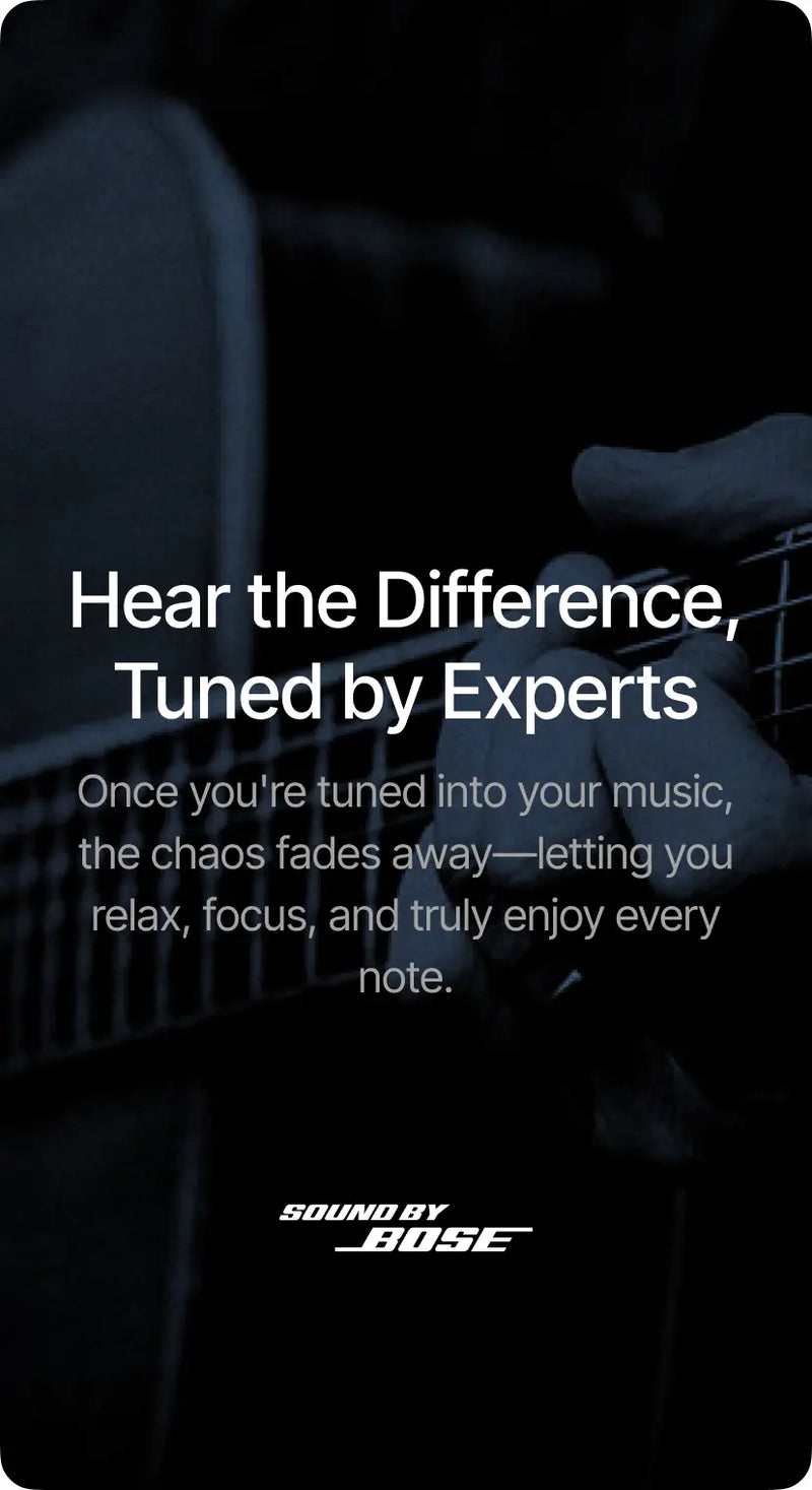 Bose advertisement with text 'Hear the Difference, Tuned by Experts' and a blurred background of a person playing guitar.