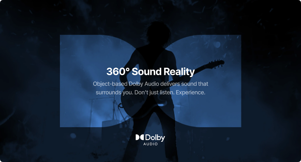 Person holding a guitar with '360° Sound Reality' text and Dolby logo on a dark background