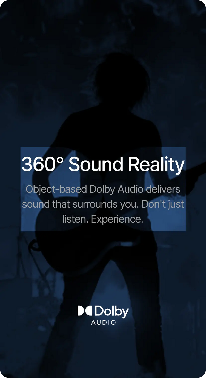 Person sitting with '360° Sound Reality' text and Dolby Audio logo on a dark background