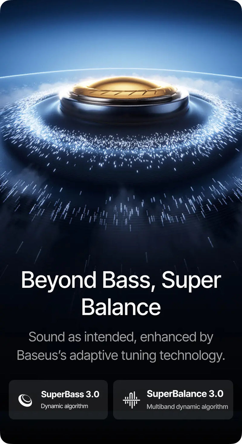 Product with 'Beyond Bass, Super Balance' text and technical details on a dark background