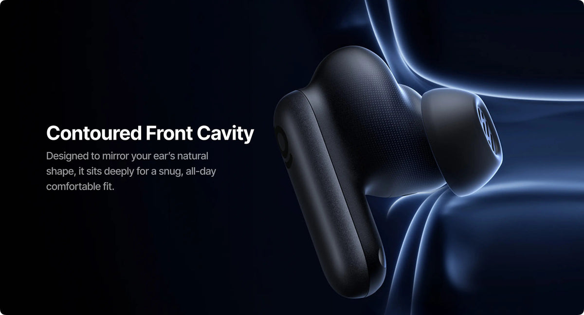 Black earbud with text on a dark background