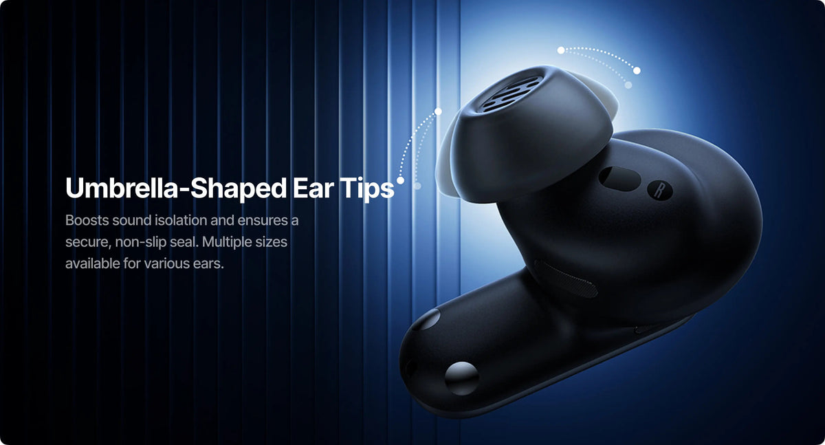 Black earbud with umbrella-shaped ear tips on a dark blue background