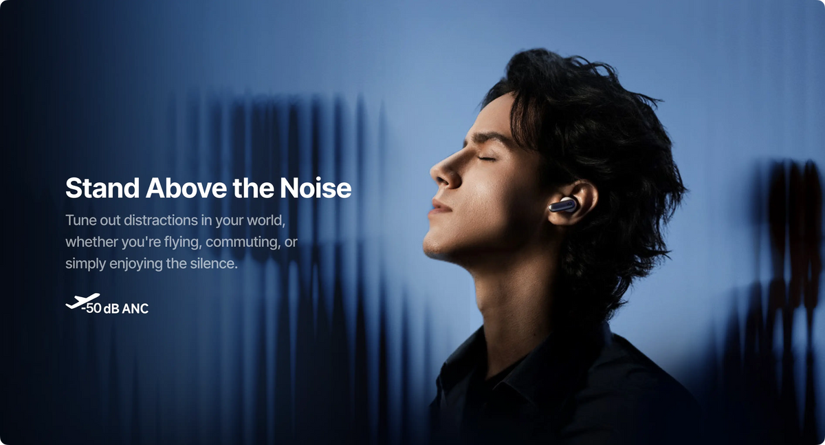 Person wearing a wireless earbud with a blue gradient background and text about noise cancellation.