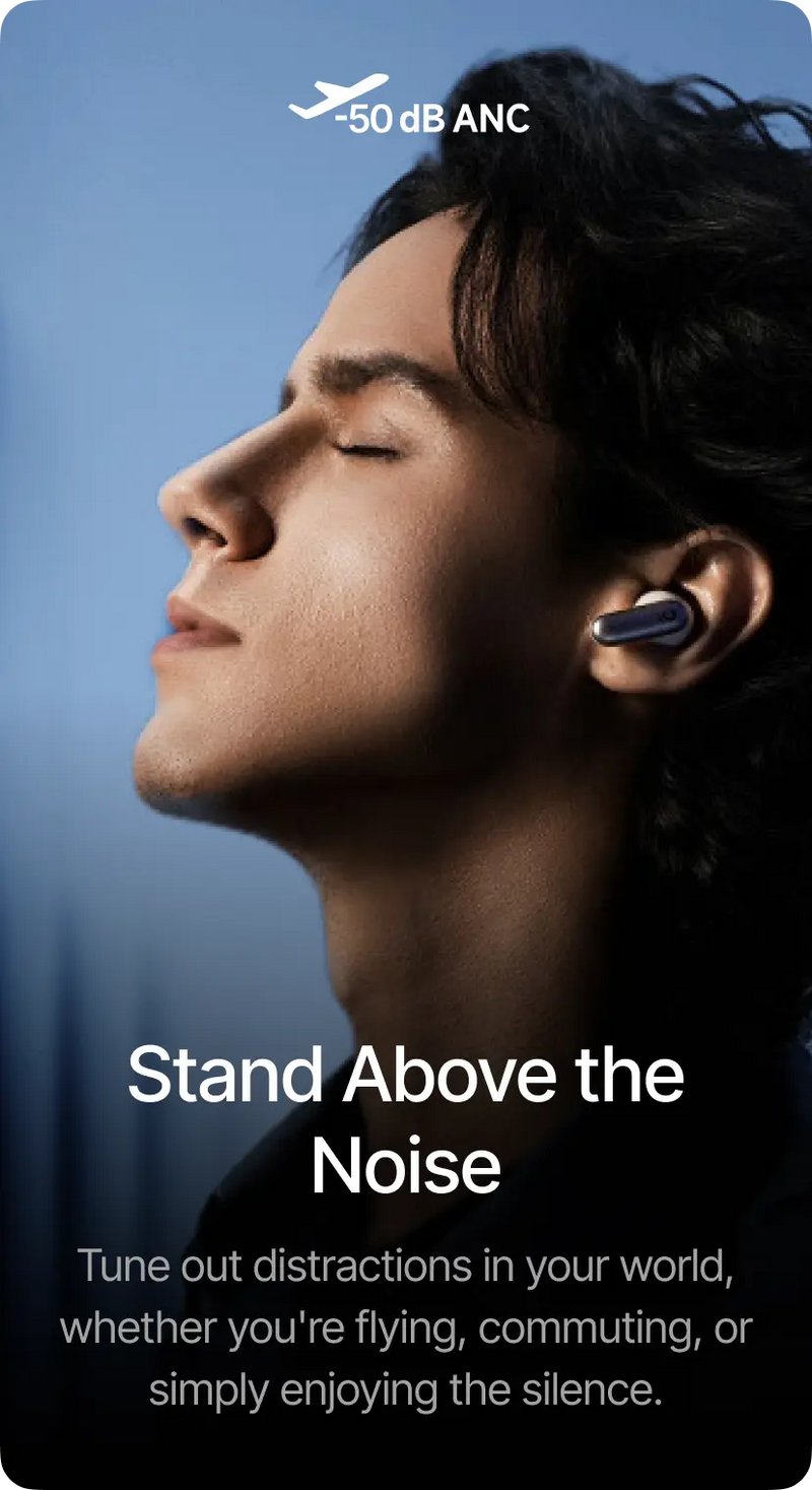 Person wearing wireless earbuds with text about noise cancellation technology.